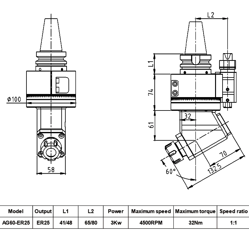 

Universal Angle Head AG60-ER25 BT40 BT50 ER16/ER20/ER32/ER40 HSK CAT Cnc 90 Degree Angle Head For Milling CNC Machine Angle Head