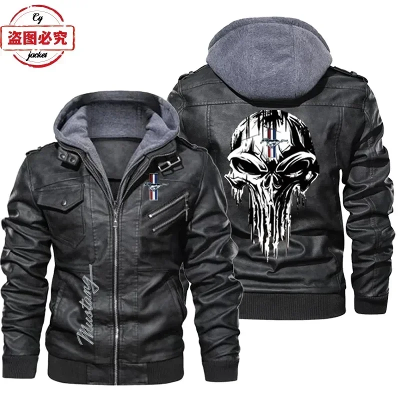 European size car logo print retro washed PU leather Mustang leather jacket men's hooded jacket team racing suit leather jacket