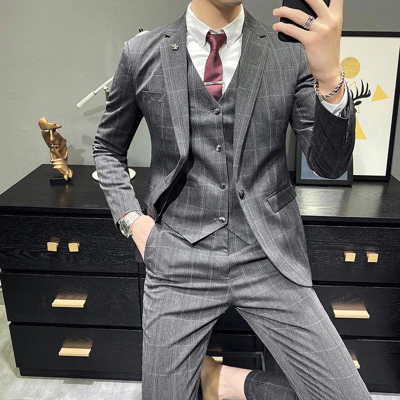 

3 Pcs Set Blazers Jacket Pants Vest / 2023 Fashion New Men's Slim Boutique Business Wedding Groom Plaid Dress Suit Coat Trousers