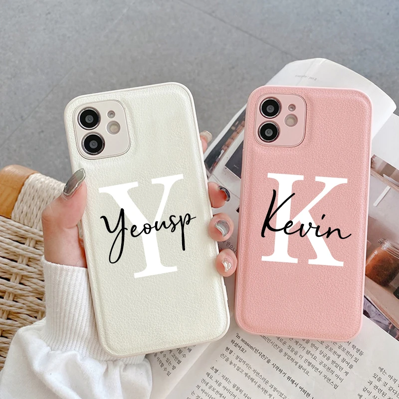 Custom Name Leather Cases For iPhone 16 15 14 13 12 11 Pro X XR XS 16Pro 15Pro 13Pro Max 7 8 Plus 16Plus 15Plus DIY Color Cover