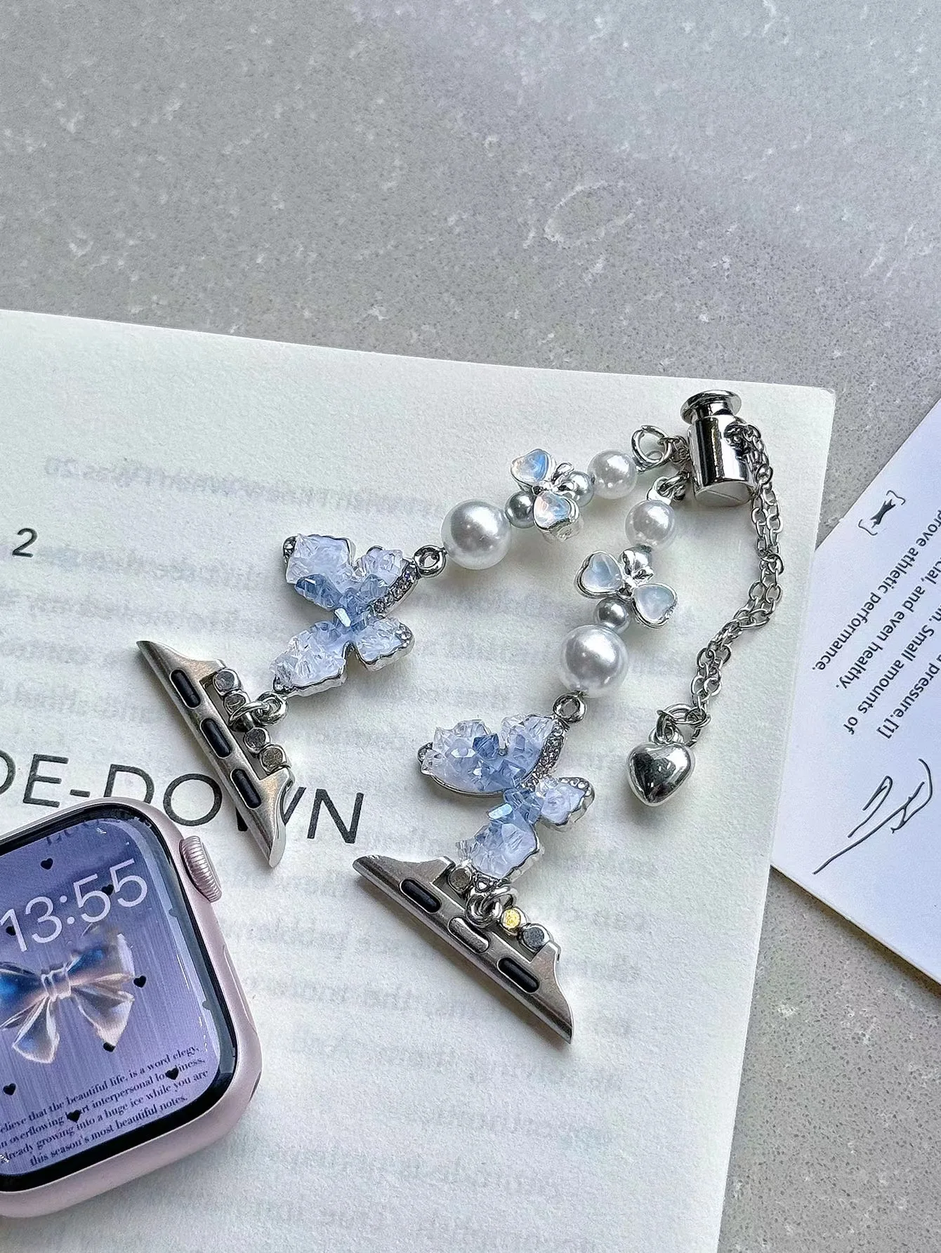 Suitable For Apple Watch Summer Glacier Butterfly Pearl Metal Bracelet iWatch 9th Generation Applewatch 765S