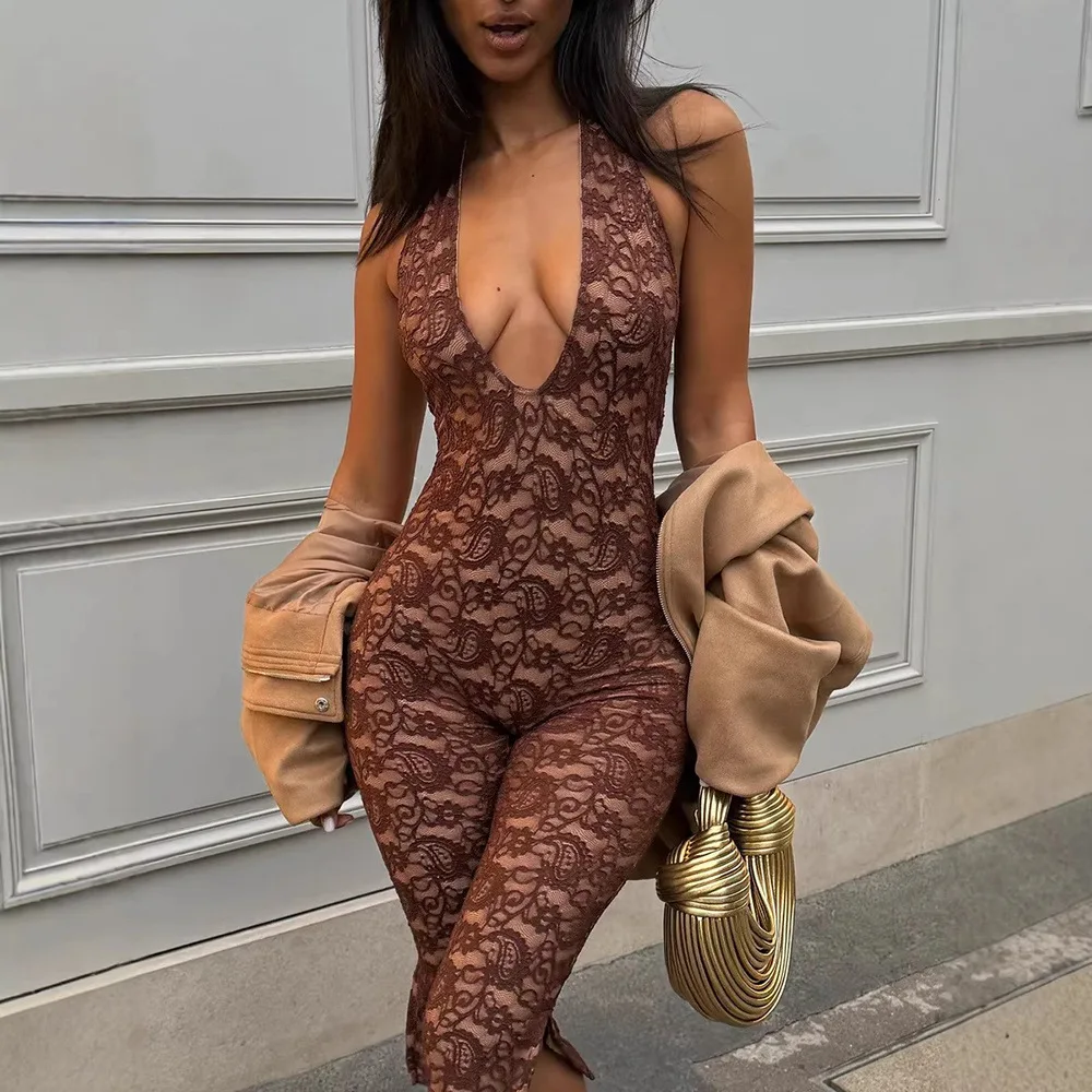 

Low-Cut Sexy Strap-Up Halter Lace Leggings Women's European And American Style Backless Tight Slit One-Piece Pants Deep V Design