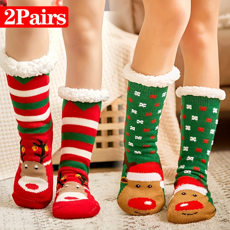 

2Pairs Extra Thick Festive Christmas Socks Women Cute Reindeer Pattern Mid Calf Crew Sock Winter Plush Holiday Gift Sock