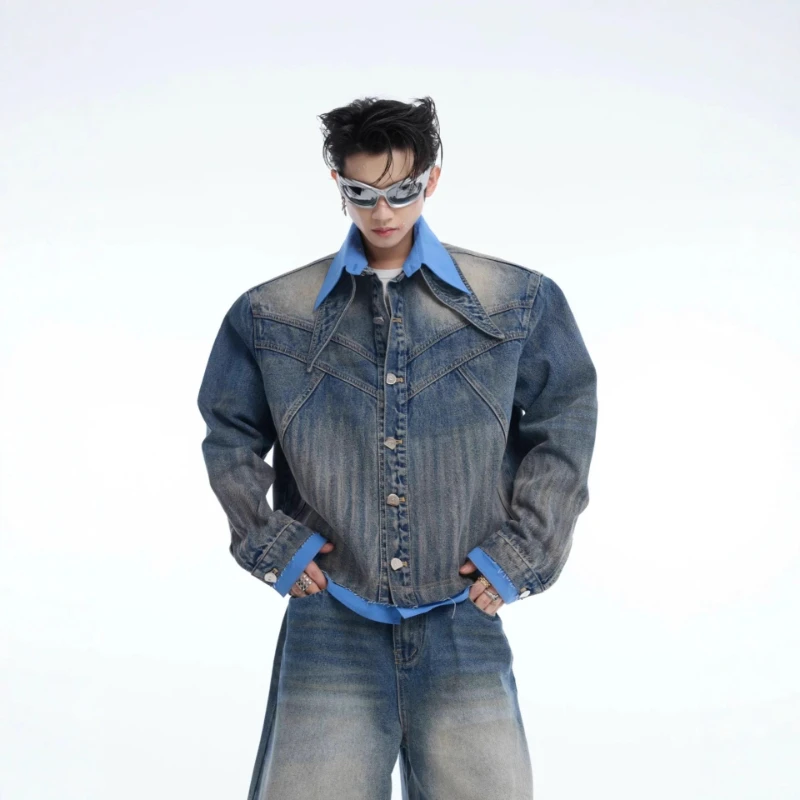 

Американский ретро-комплект из денима: джинсы прямого кроя с эффектом потертости и куртка в стиле High Street. Премиальный повседневный модный комплект из двух предметов.