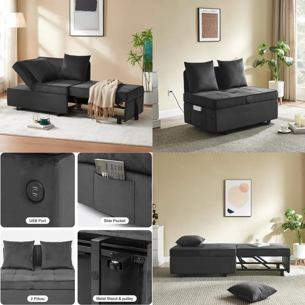 

convertible 4-in-1 sofa bed velvet love seat sleeper chair with throw pillows and recliner features