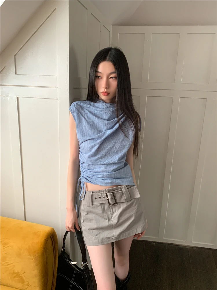 CHEERART Y2k Fashion Blue Striped Ruched Shirring Crop Top For Women 2023 Sleeveless Tees Crew Neck Short T Shirt Summer