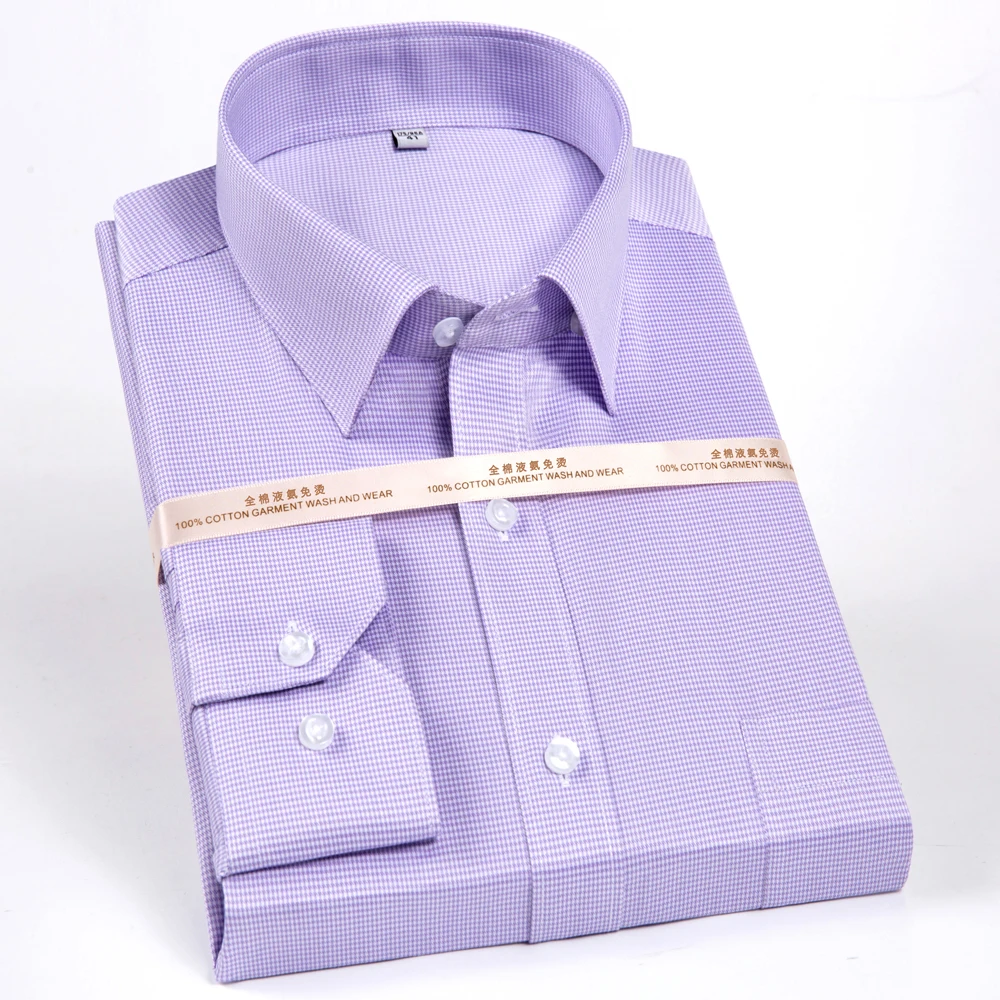 Men's Houndstooth Pattern Spread Collar Non-Iron Formal Shirts 100% Cotton - Long Sleeve Premium Quality Business Office Wear