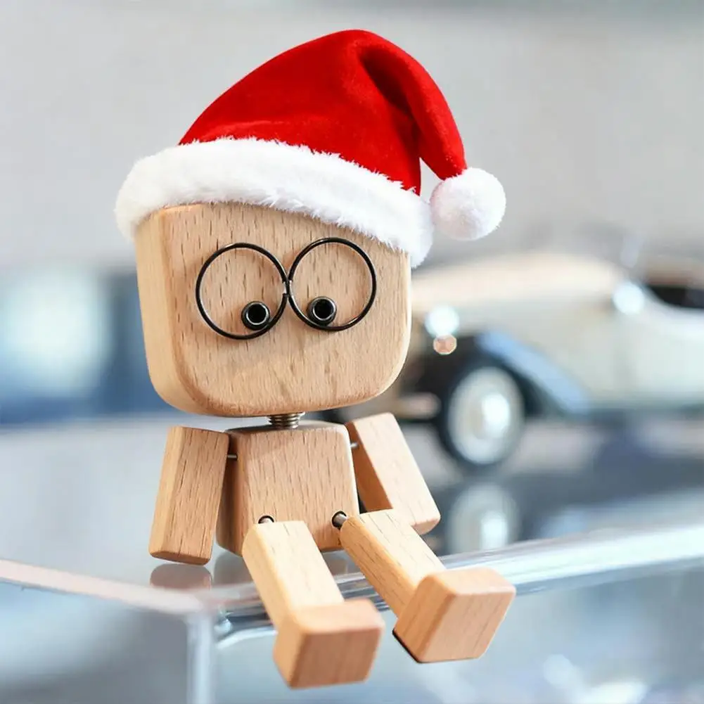 1 Set 10cm Christmas Shaking Wooden Man Wood Block Man Figurine With Shaking Legs 12 Magnetic Expressions For Car Desk Decor