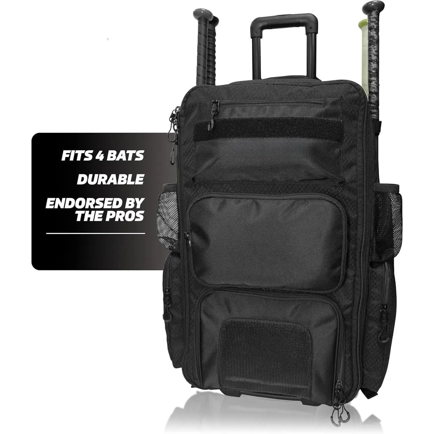 Bolsa de softbol y béisbol, mochila con ruedas para equipo de béisbol, bolsa de bate con 4 fundas para murciélagos, compartimento para tacos y ganchos para colgar