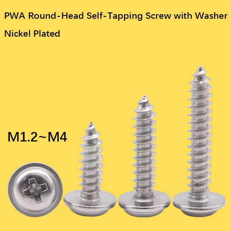 200pcs Nickel Plated Iron Pan Head Self Tapping Screws with Washer, Pointed Tail M1.2~M4, Cross Round Head Screws Hardware Set.