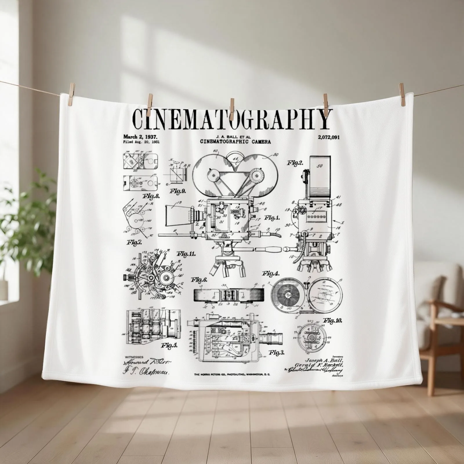 Cinematography Movie Film Camera Vintage Patent Print Throw Blanket couch cozy soft plush fuzzy picnic outdoor blanket