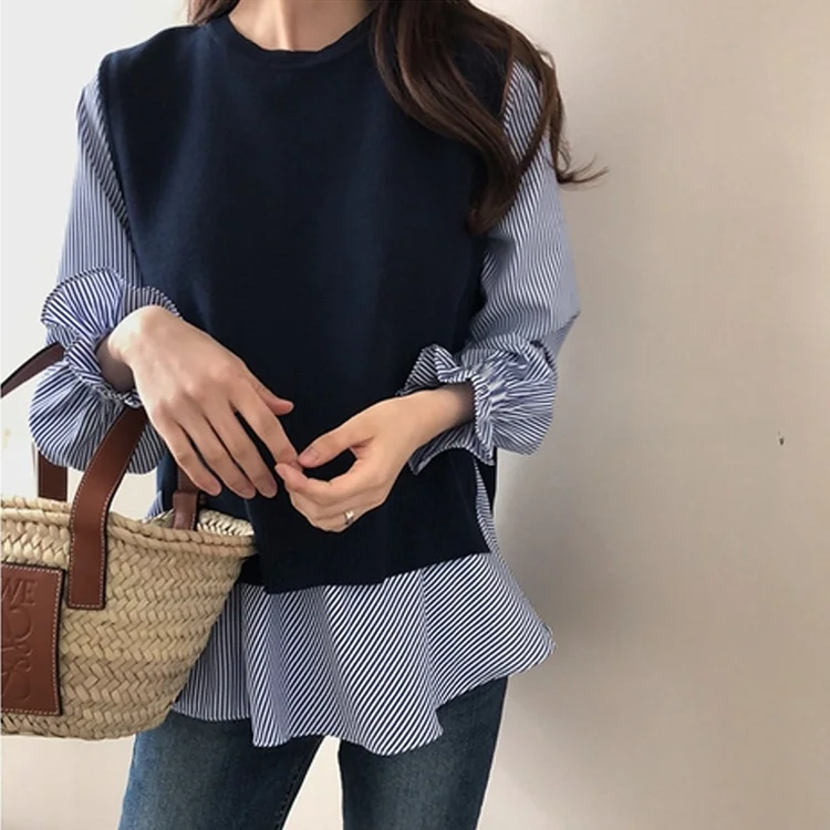

plus Size Women's Korean Style College Fashion round Neck Striped Long Sleeve Knitted Shirt Loose Two-Piece Set Trendy
