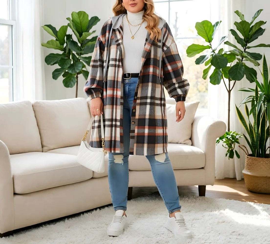 2026 Autumn Winter New Plus Size Women Plaid Hooded Coat Mid‑length Loose Oversized Casual Outerwear For Curvy Ladies
