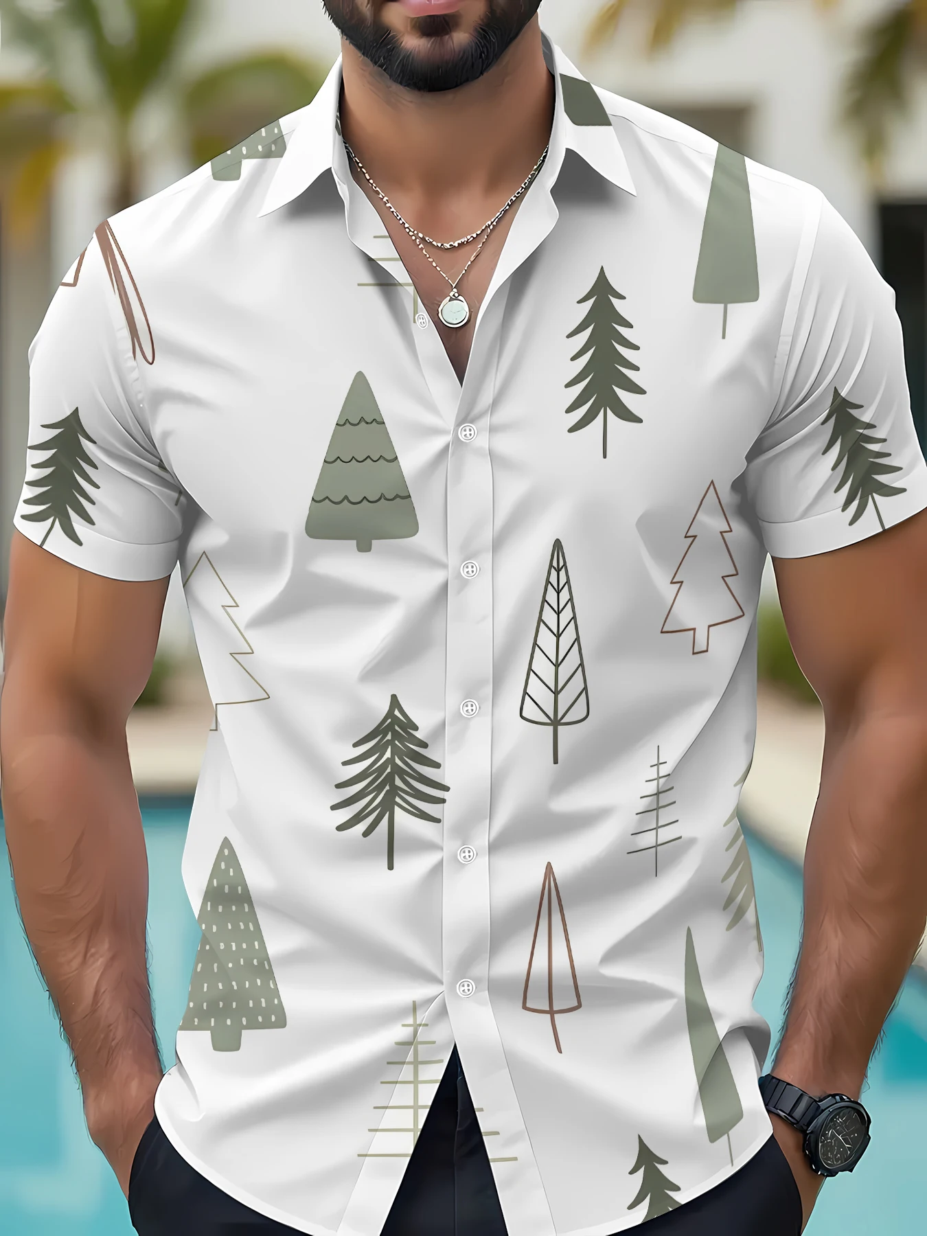 2026 Summer New Style Men's Short-Sleeved Shirt with 3D Tiny Tree Pattern Print for Street Casual Fashion Comfortable and Soft