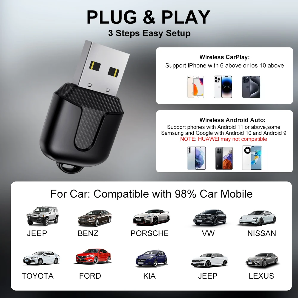 Flixivi carplay android adaptador automático com fio para sem fio 5ghz wifi5.0 tipo-c plug and play, para carplay com fio original/carros automáticos