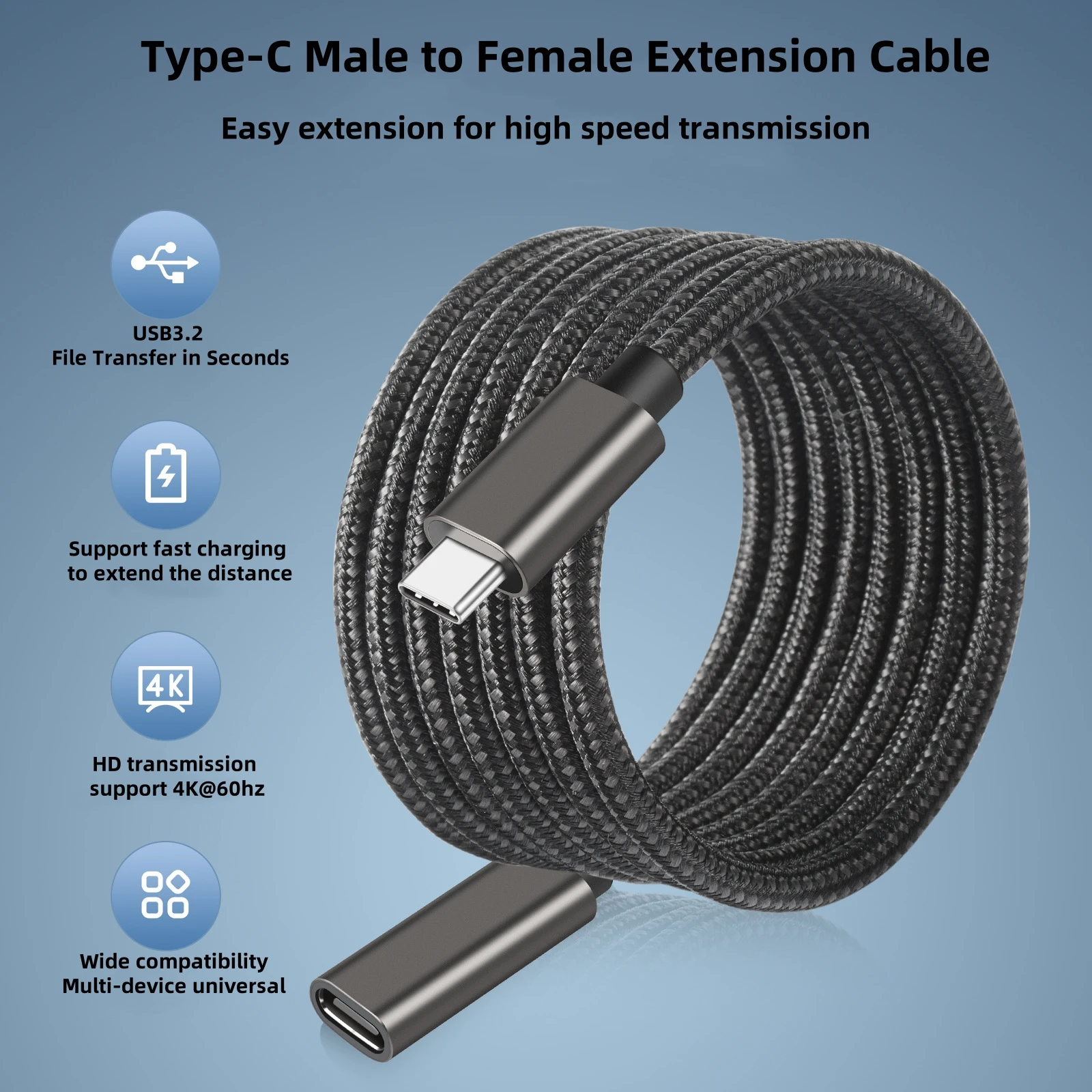 10Gbps USB C 3.2 Gen2 تمديد كابل نوع C إلى C PD 60 واط موسع الحبل كابل شحن سريع لماك بوك 4k 60 هرتز سلك بيانات الفيديو