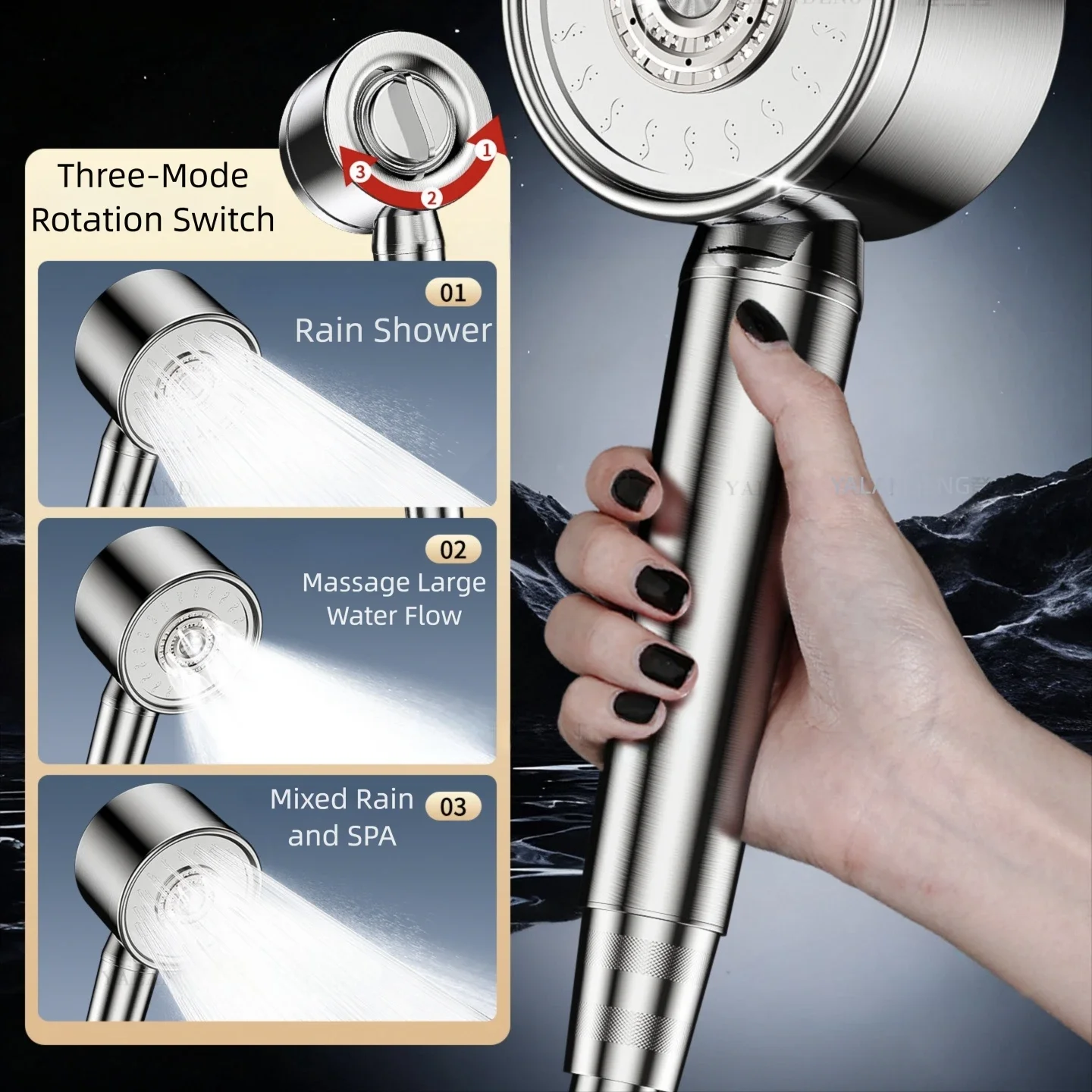 New 304 Stainless Steel Drop Resistant 3 Mode Adjustable High Pressure Boost Shower Head Household Bathroom Shower Accessory