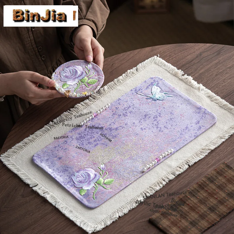 BAEJORIA Brocade Butterfly Peony Tea Table Mats Zen Absorbent Clay Tea Mat Drink Coaster Dinner Table Cloth Mat Tea Services Cha
