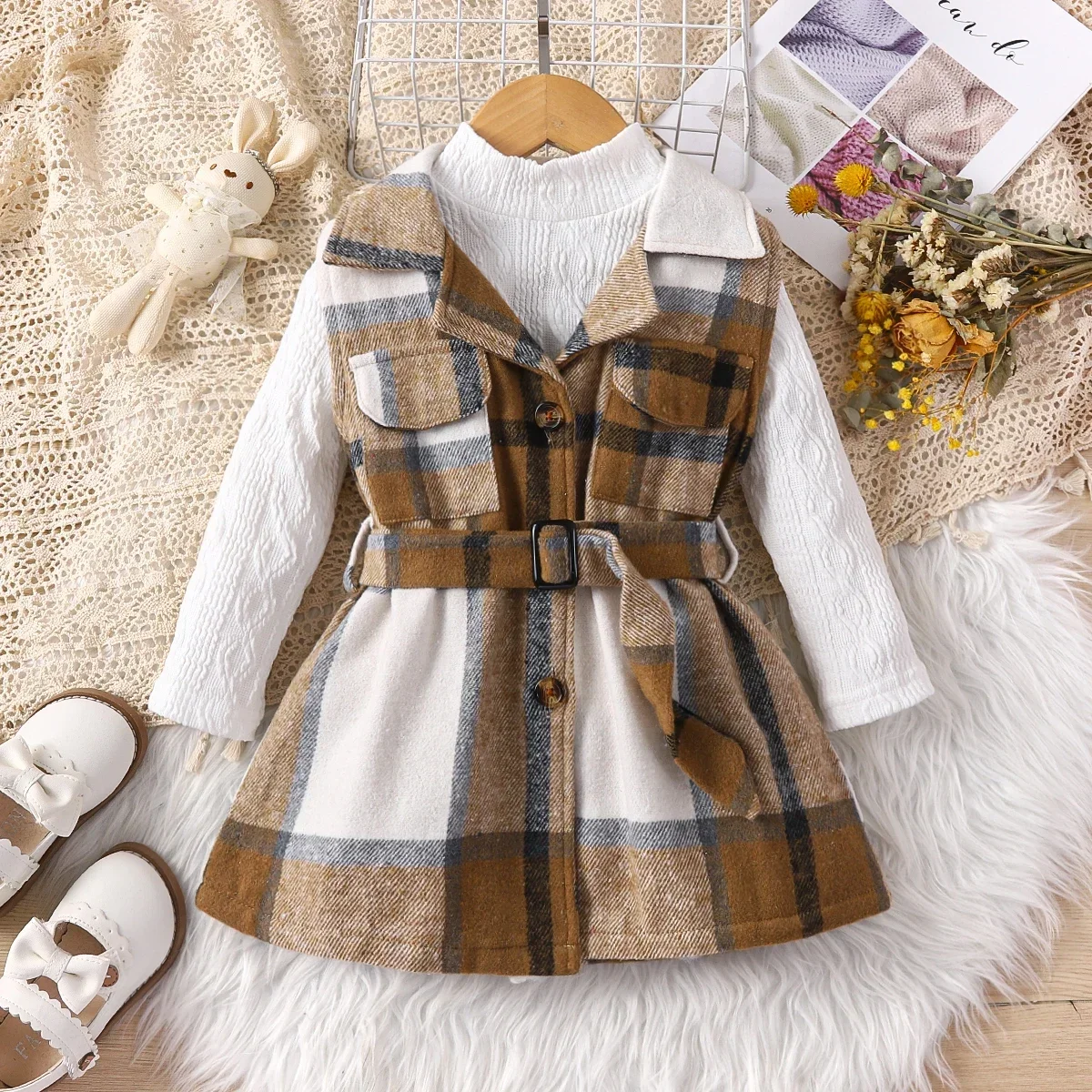 PatPat 2pcs Toddler Girl Dresses Classic Mock Neck Textured Tee and Plaid Lapel Collar Belted Dress Sets Soft and Comfortable