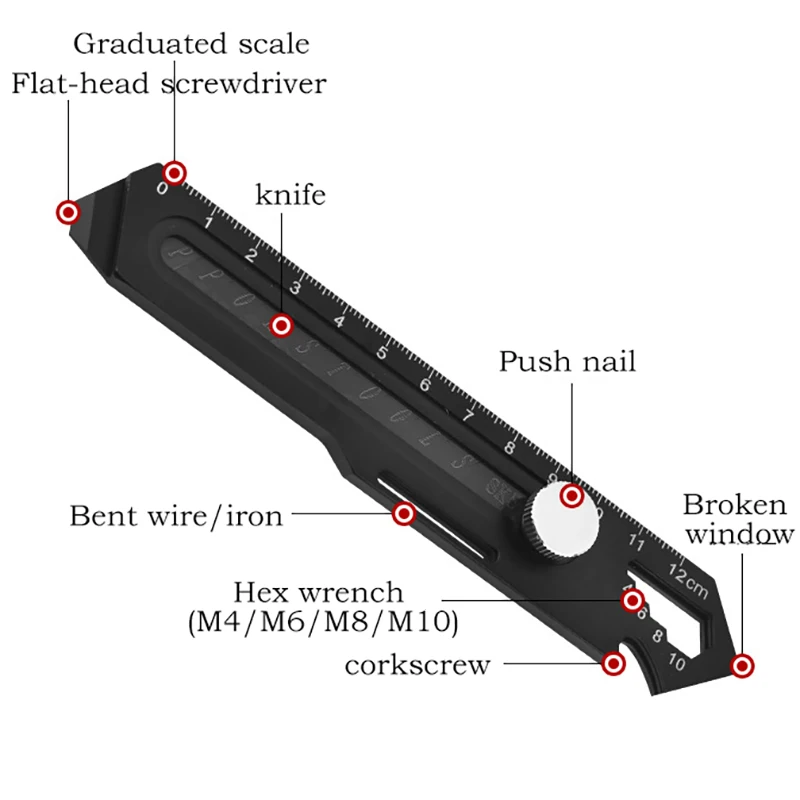 3cr13 Stainless Steel Utility Knife Bottle Opener Hexagonal Screwdriver Window Breaker Caliper Cable Bender Multi-Function Tool