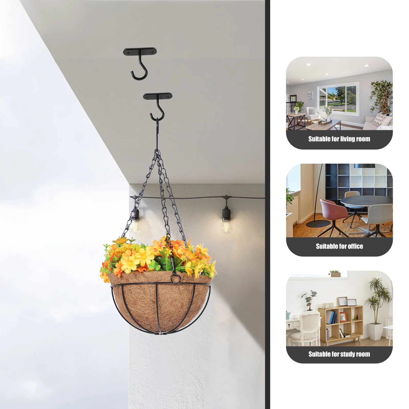 2 juegos de ganchos de pared para balcón, cesta colgante, ganchos para plantas, macetero de techo interior para plantas, perchas negras para exteriores