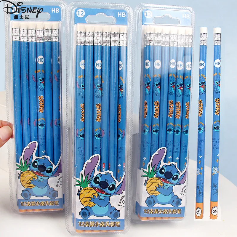 12pcs Disney Stitch Pencil Student Anime Series Pen with Eraser Writing and Drawing Tool Pencil  Kids School Stationery Supplies