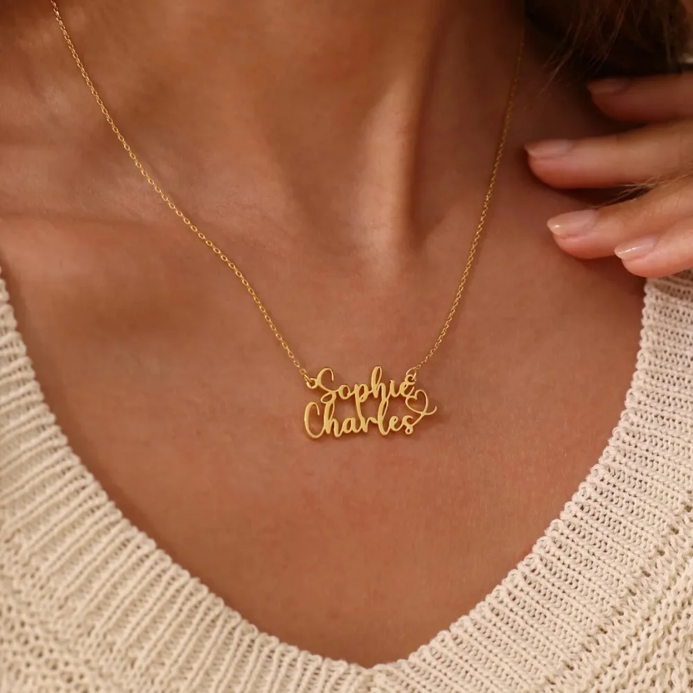 Custom Double Name Necklace With Heart Personalized Two Nameplate Necklace Stainless Steel Couple Jewelry Valentine's Day Gift