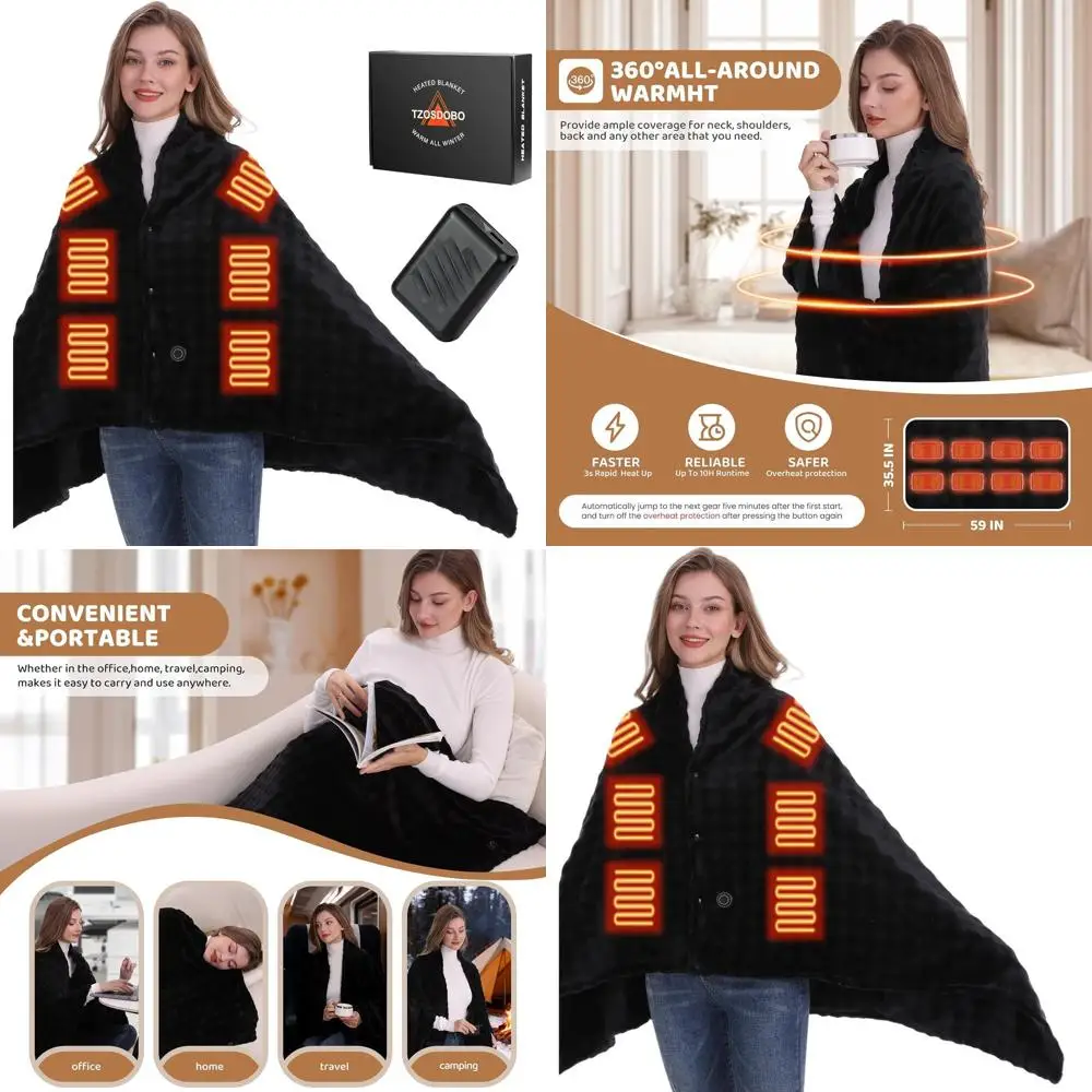 

Портативное перезаряжаемое одеяло с подогревом на 20000 мАч, 3 уровня быстрого нагрева, электрический плед-накидка 59x35.5, черный