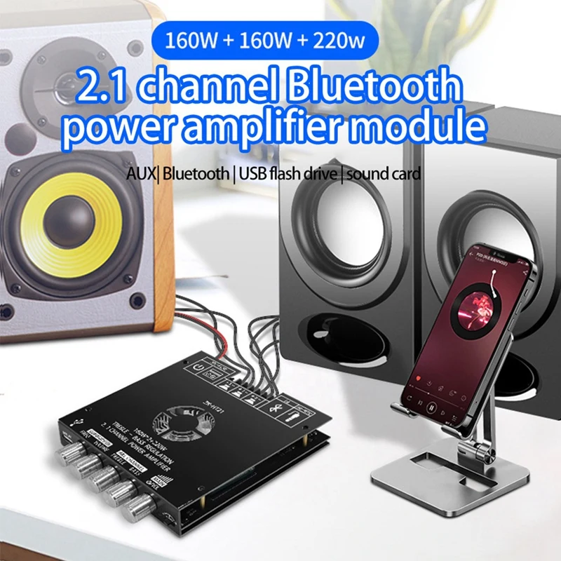 New ZK-AS21 2.1 Channel TPA3255 Bluetooth Digital Power Amplifier Board Module High and Low Tone Subwoofer 220WX2+350W