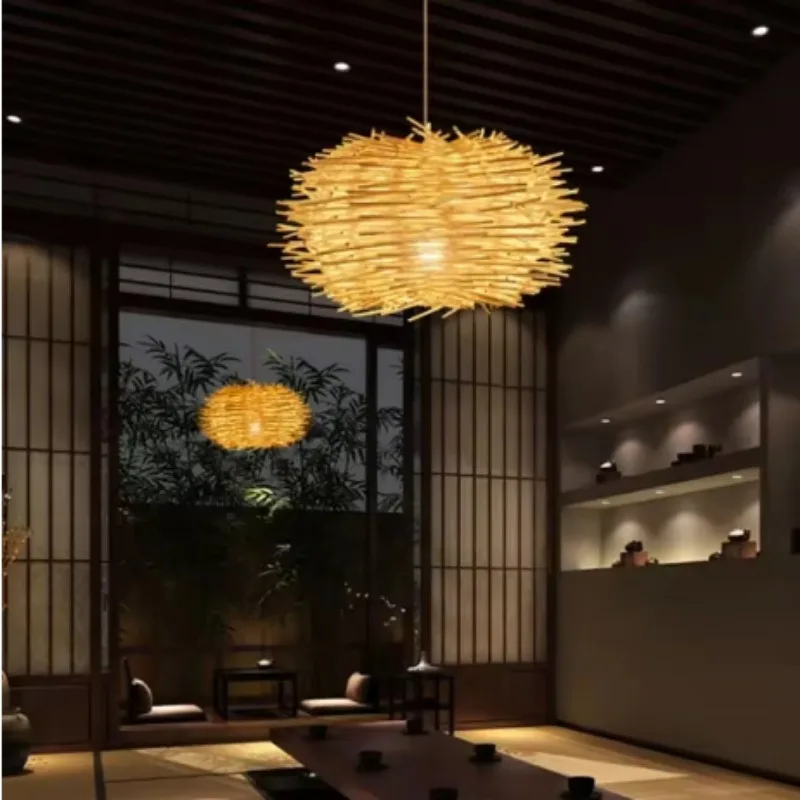 

Japanese Bamboo Chandelier Chinese Style Rattan Woven Hanging Light Ceiling Lamp for Home Cafe Bar Decorate Restaurant Lighting