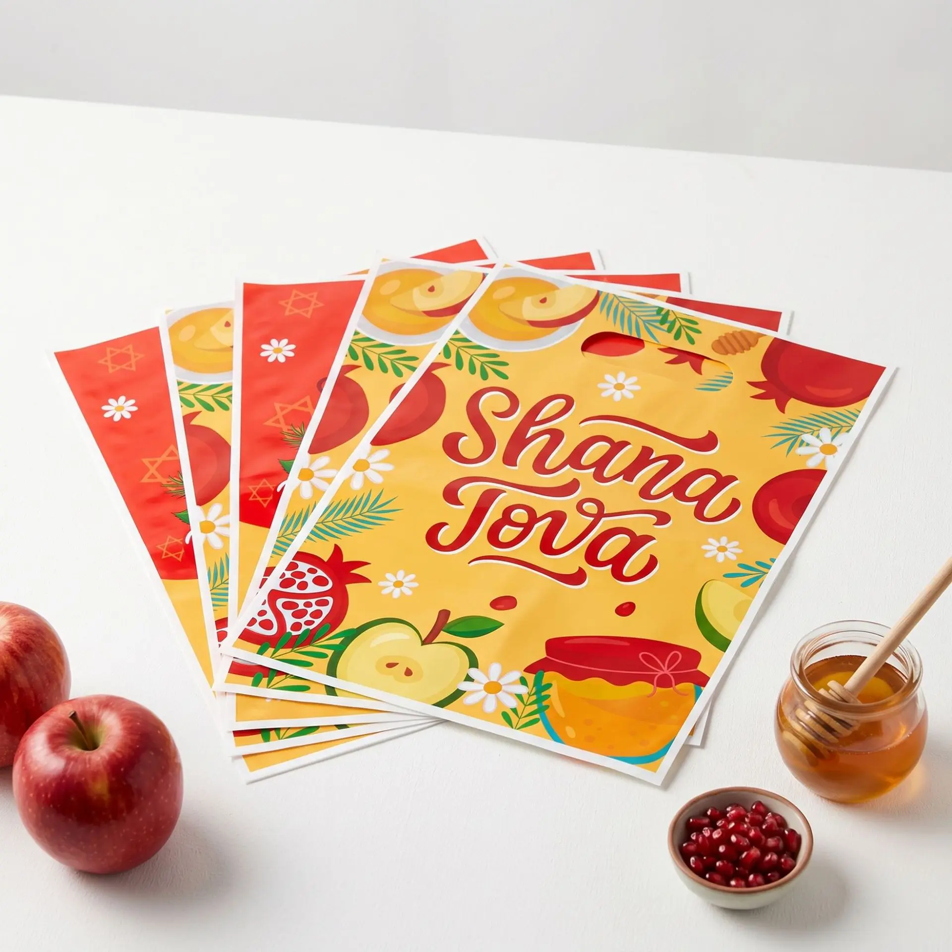 100pcs Shana Tova Goodie Bags Rosh Hashanah Plastic Gift Bag Pomegranate Apple Honey Sweet Treat Pouch Jewish New Year Decor image 2