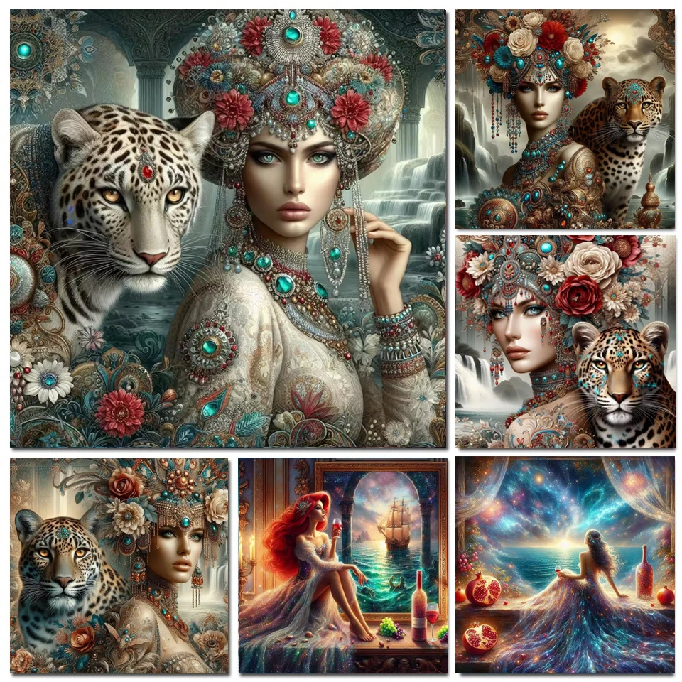 DIY 5D Starry Sky Beauty Diamond Painting Women and Leopards Under the Jewel Crown Diamond Mosaic Painting Home Decoration Gift