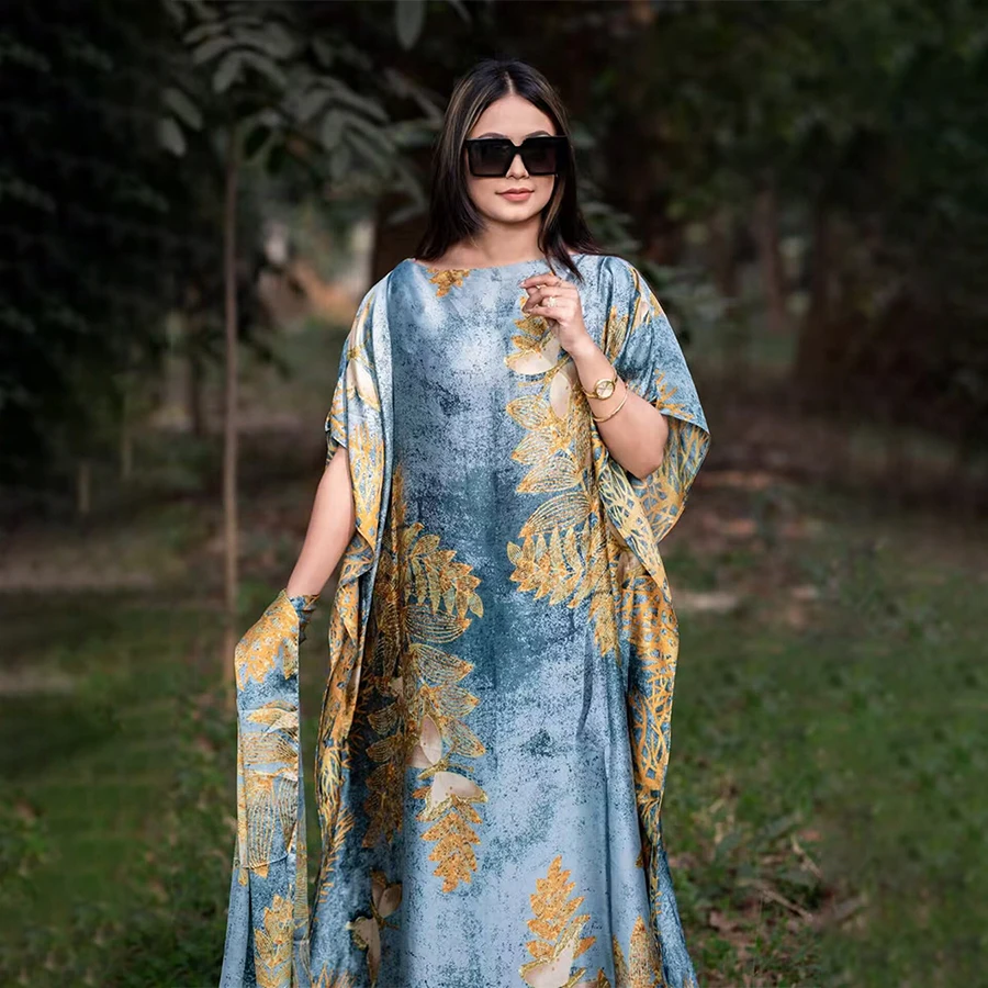 

New Lady Fashion Silky Beach Dress 2025 Summer Boho Silk Kaftan Dress with Headscarf Plus Size Print Elegant Muslim Hijab Abaya