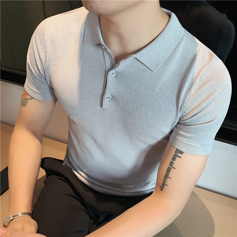 British Style Summer Knitted Polo Shirt Solid Color Slim Fit Stretch Short Sleeve T-shirt Men Business Social Polos Streetwear