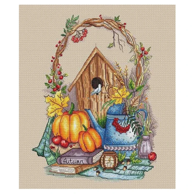 Amishop Gold Collection Counted Cross Stitch Kit Autumn Fruits Pumpkin Bird Nest Garden Kettle Maple Leaf Twig Wreath