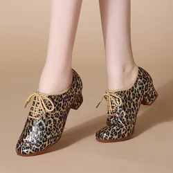 Women Latin Modern Jazz Dance shoes Leopard dance Sneakers women Dance Shoes Ballroom  outdoor rubber Sole square heels 3.5/5cm