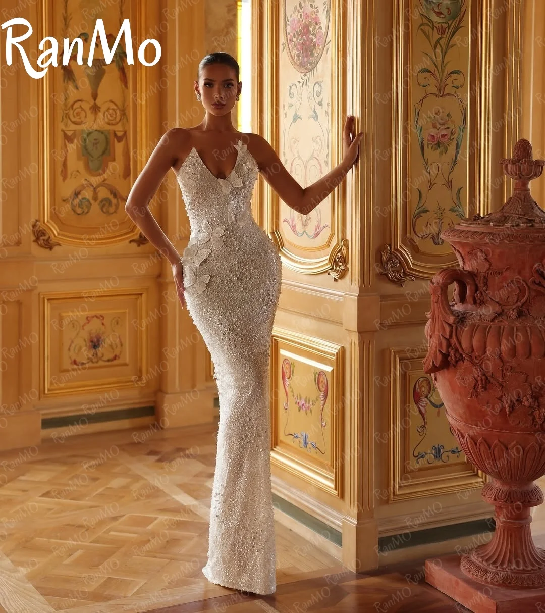 Ranmo 우아한 인어 웨딩 드레스 연인 목 민소매 신부 가운 진주 스팽글 아플리케 분리형 기차 Customsied