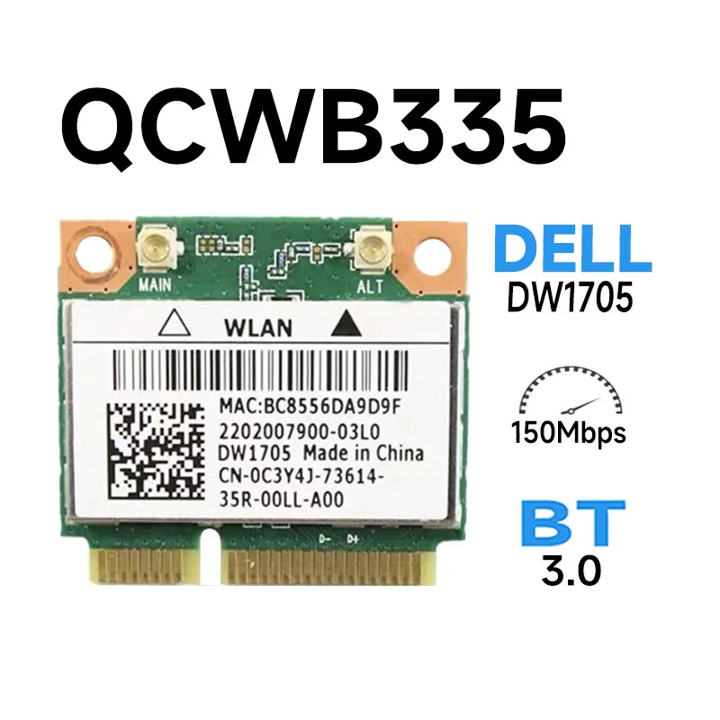 Беспроводная карта Wi-Fi Atheros DW1705, 802.11N +, Bluetooth 3,0, 150 Мбит/с, Half Mini PCI-E Wlan QCWB335 для DELL, Asus, Acer, Toshiba, Wi-Fi