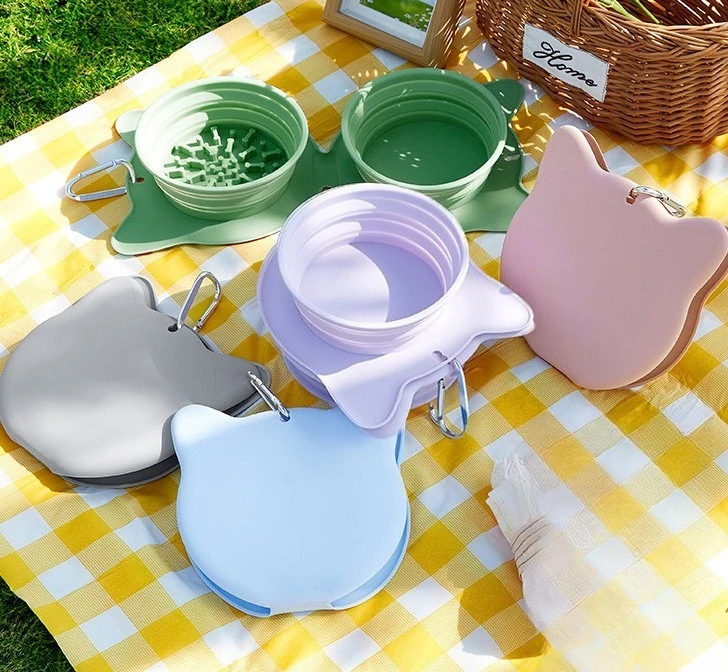 Pet folding bowl double bowl outdoor portable dog bowl dog slow food feeder cat dog silicone drinking basin wholesale
