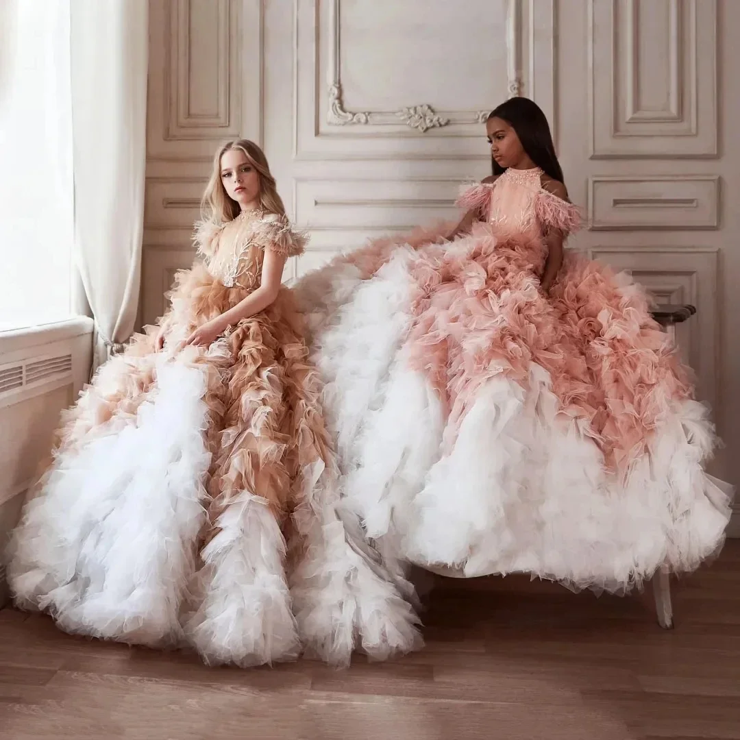 Custom Flower Girl Dress Wedding Gown Birthday Party Pageant Dress High Neck Gradient Ruffle Tulle Ball Gown With Train For Girl