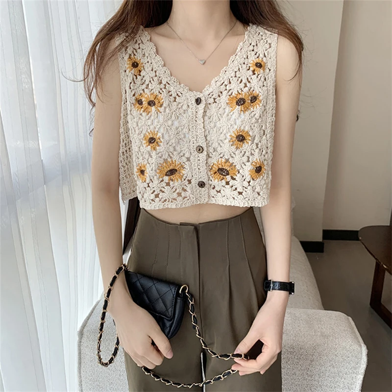 Women Knitted Hollow Out Embroidery Tank Top Summer Ethnic Style Retro Camisole