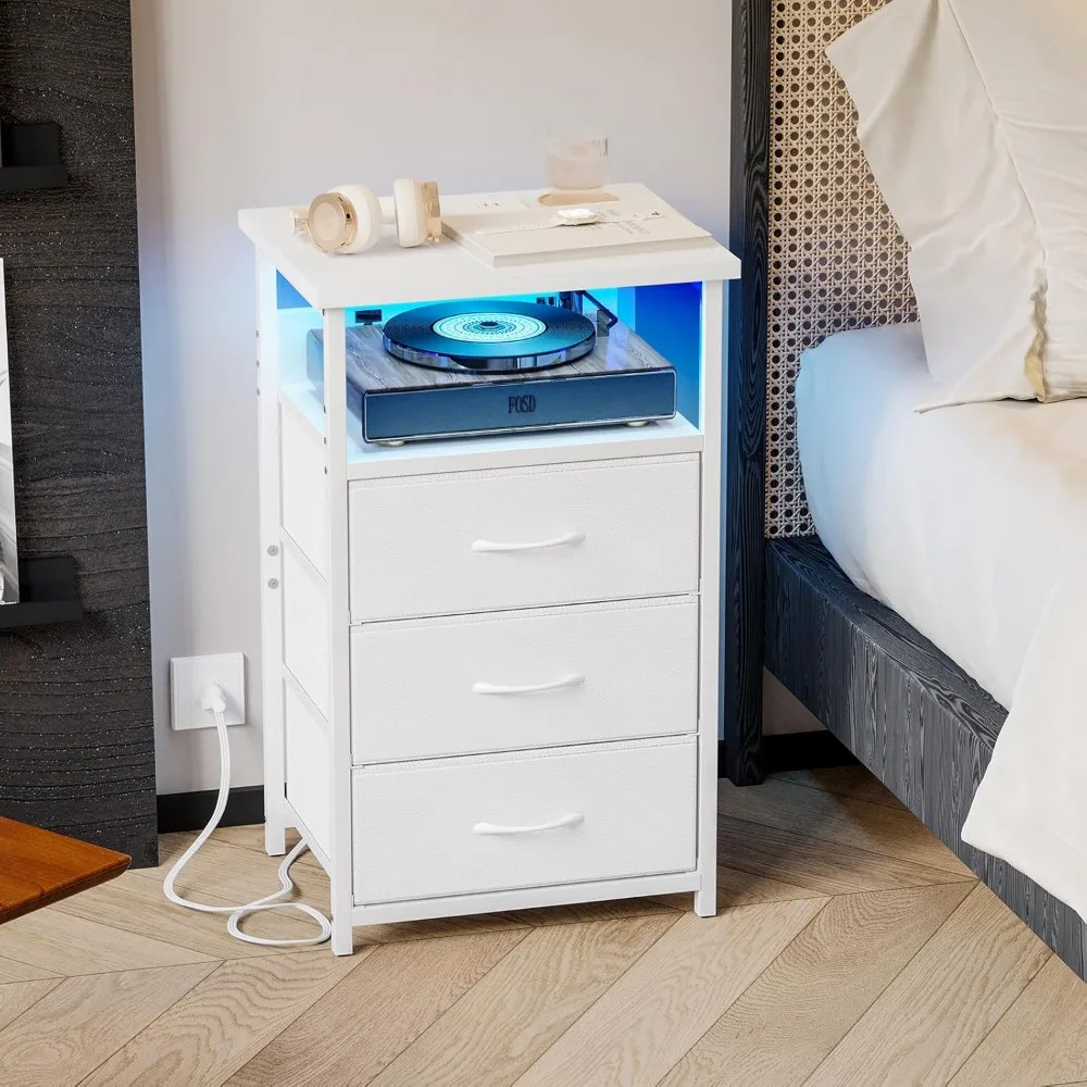 Night Stand with Charging Station, LED Nightstand with USB Ports and Outlets, 3 Fabric Storage Drawers with PU Finish