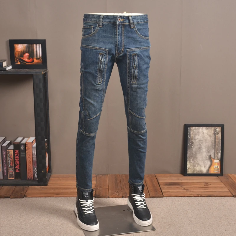 

Autumn Winter Men's Retro American Spliced Denim Jeans Trendy Brand Slim Fit Elastic High Street Casual Motorcycle Long Pants