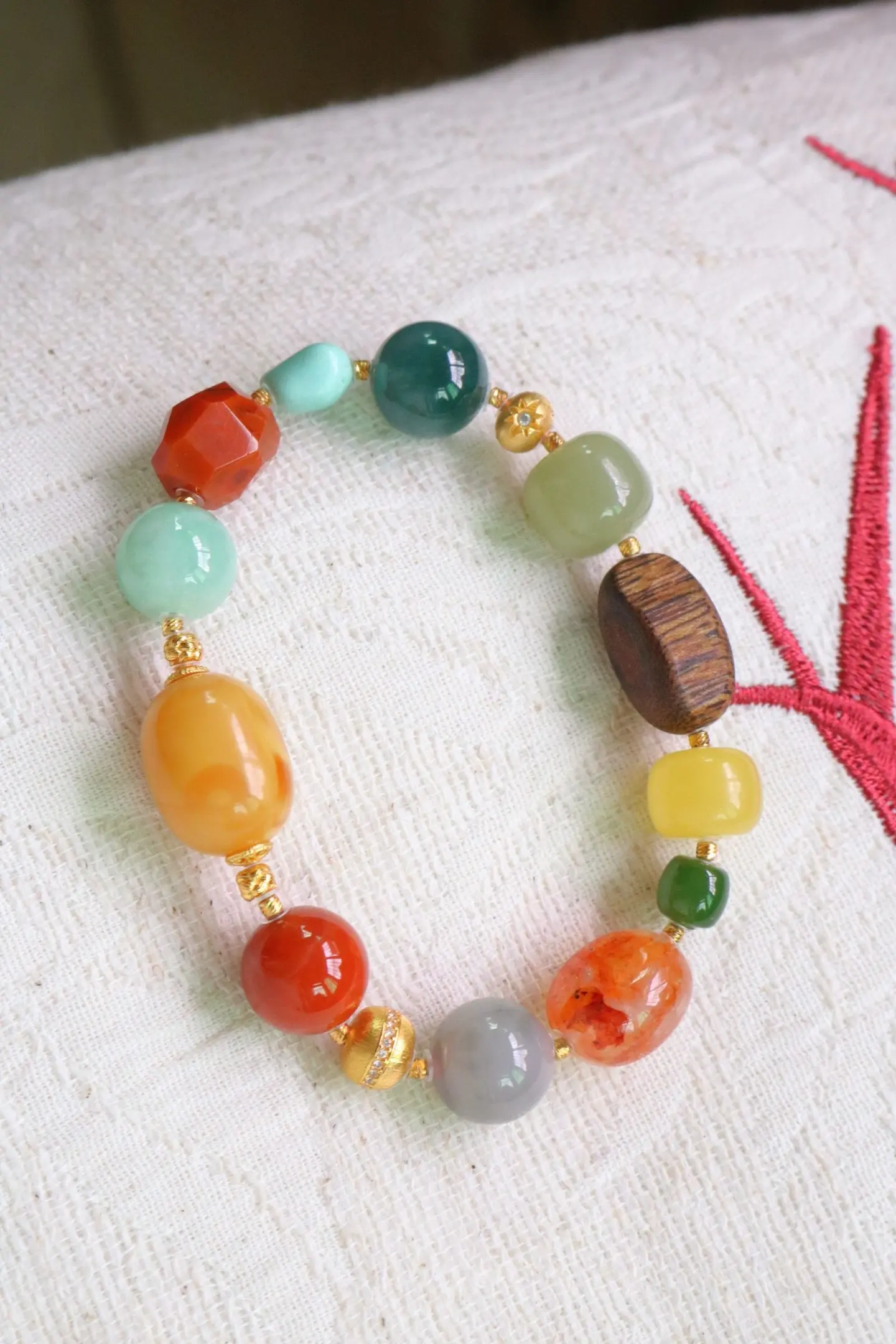 

Natural Multi-Gemstone Bracelet, Raw Amber Jujube Beads, Natural Jade, Hetian, Ice Blue Jade, Smoke Purple Amber Jewelry Gift