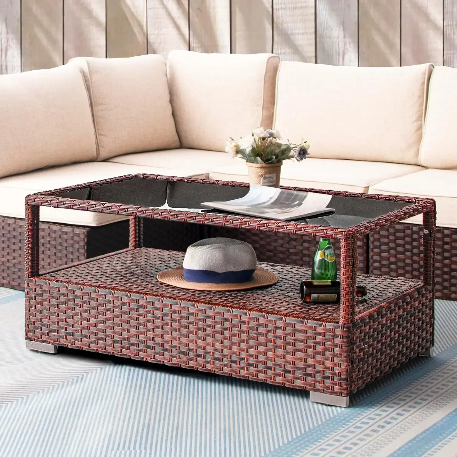 GARDEN Outdoor Coffee Table Wicker Patio Rattan Side Table with Glass Top and Storage Shelf,40in Mixed Brown