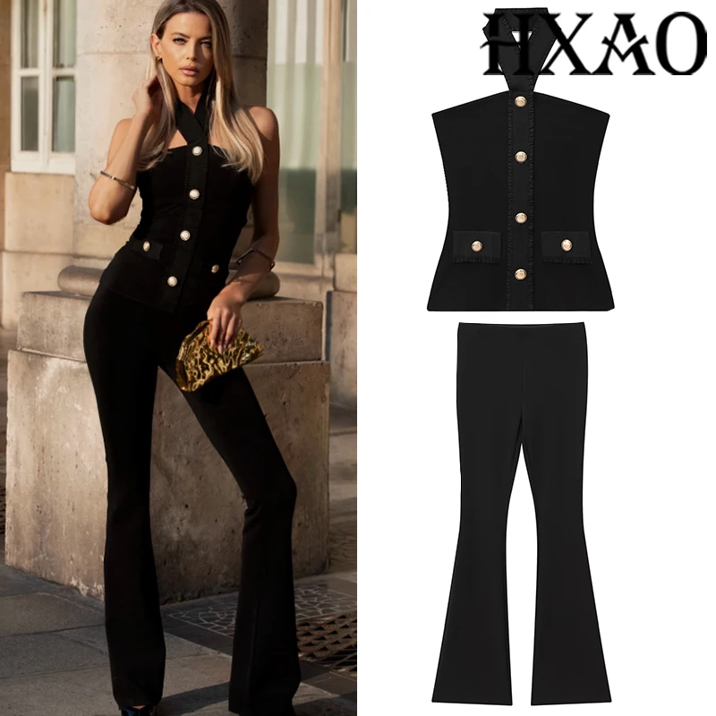 HXAO Flares-Hosen-Sets, 2-teiliges Set, Neckholder-Tanktops und Camis-Set für Damen, 2-teilig, neu in engem, rückenfreiem Oberteil, schwarze Hose, Damen-Set