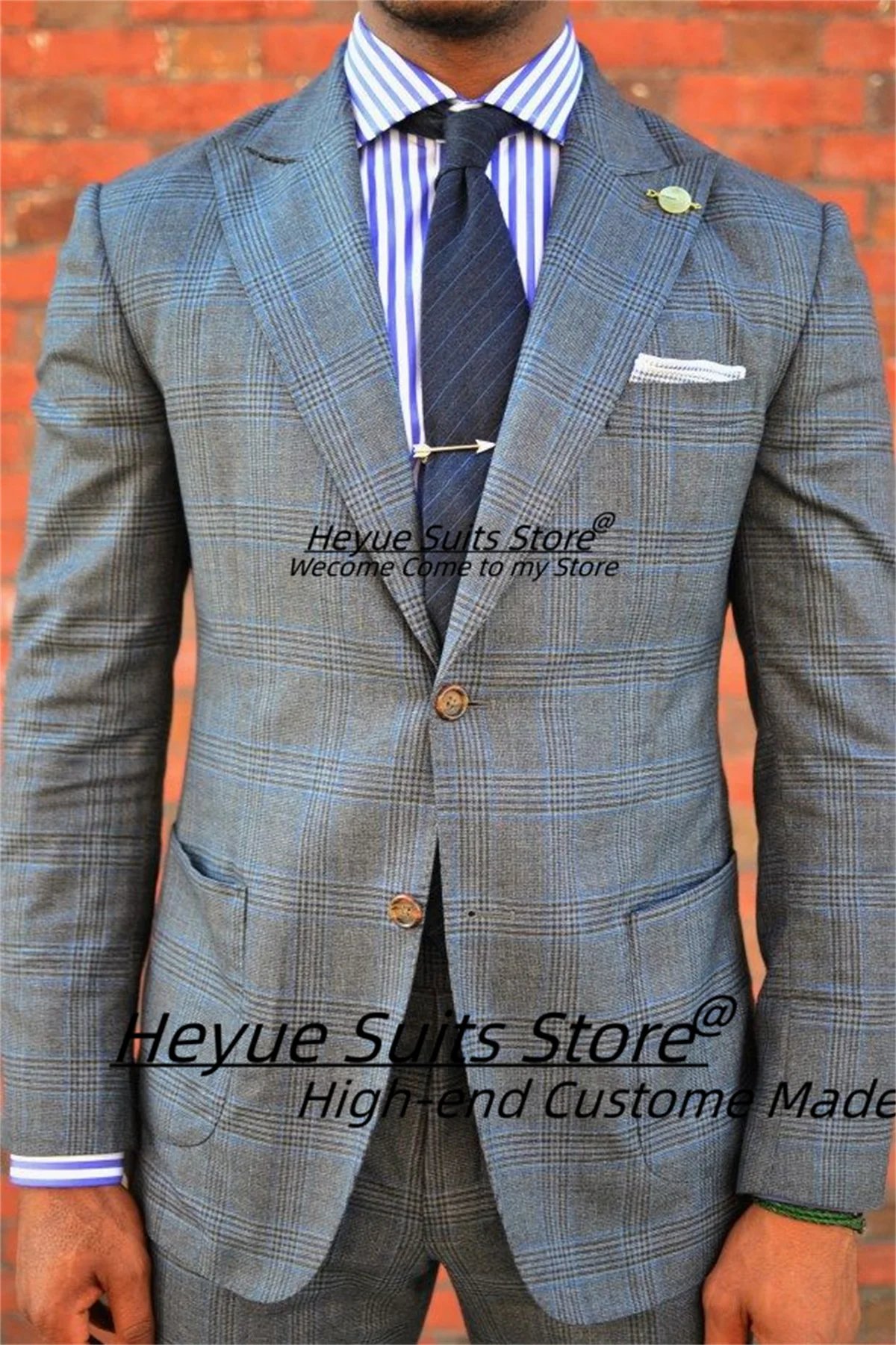 

French style Business Plaid banquet Men Suits Customized Slim Fit Peak Lapel 2 Pieces Sets Male Party Blazers trajes para hombre