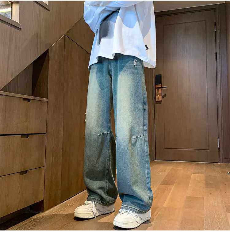 

2024 Men Spring Autumn Fashion Long Holes Jeans Men's Pockets Straight Casual Male Retro High Street Loose Denim Pants F141