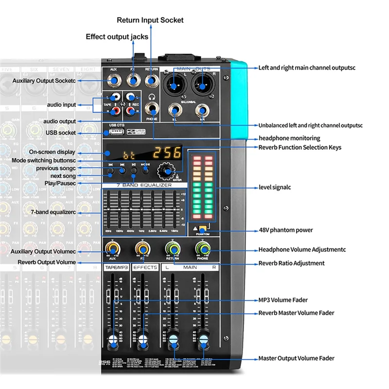 M07K-Professionele audiomixer GAX-PA8-kanaals geluidskaart Console Mengbureau Systeeminterface Ingebouwd 256 Reverb-effect EU Plu