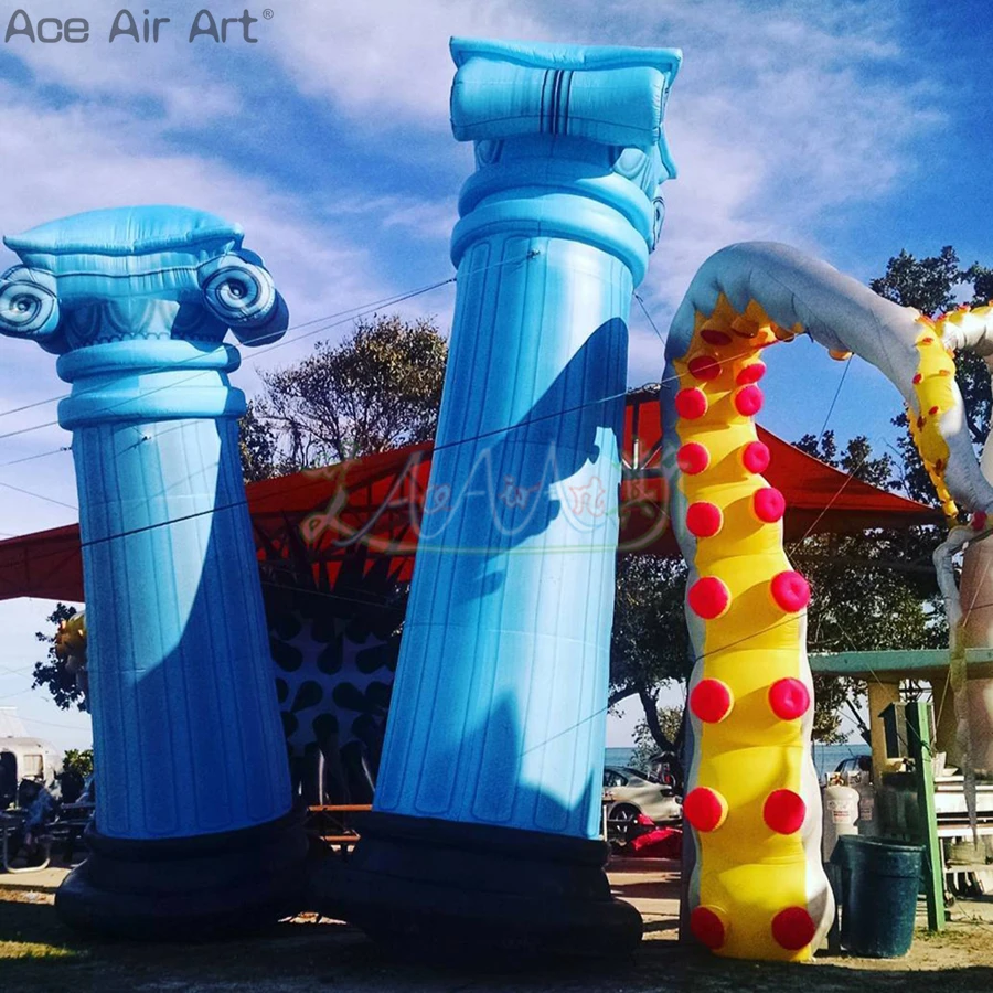 New Inflatable Roman Column Blue Printed Column Mockup for Party Decoration or Event Display